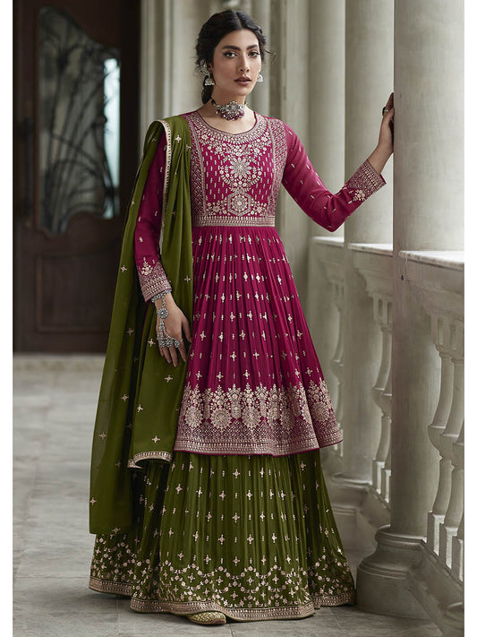 Myra Mehendi and Rani Georgette Skirt Style Embroidered Suit | Swadesiicart