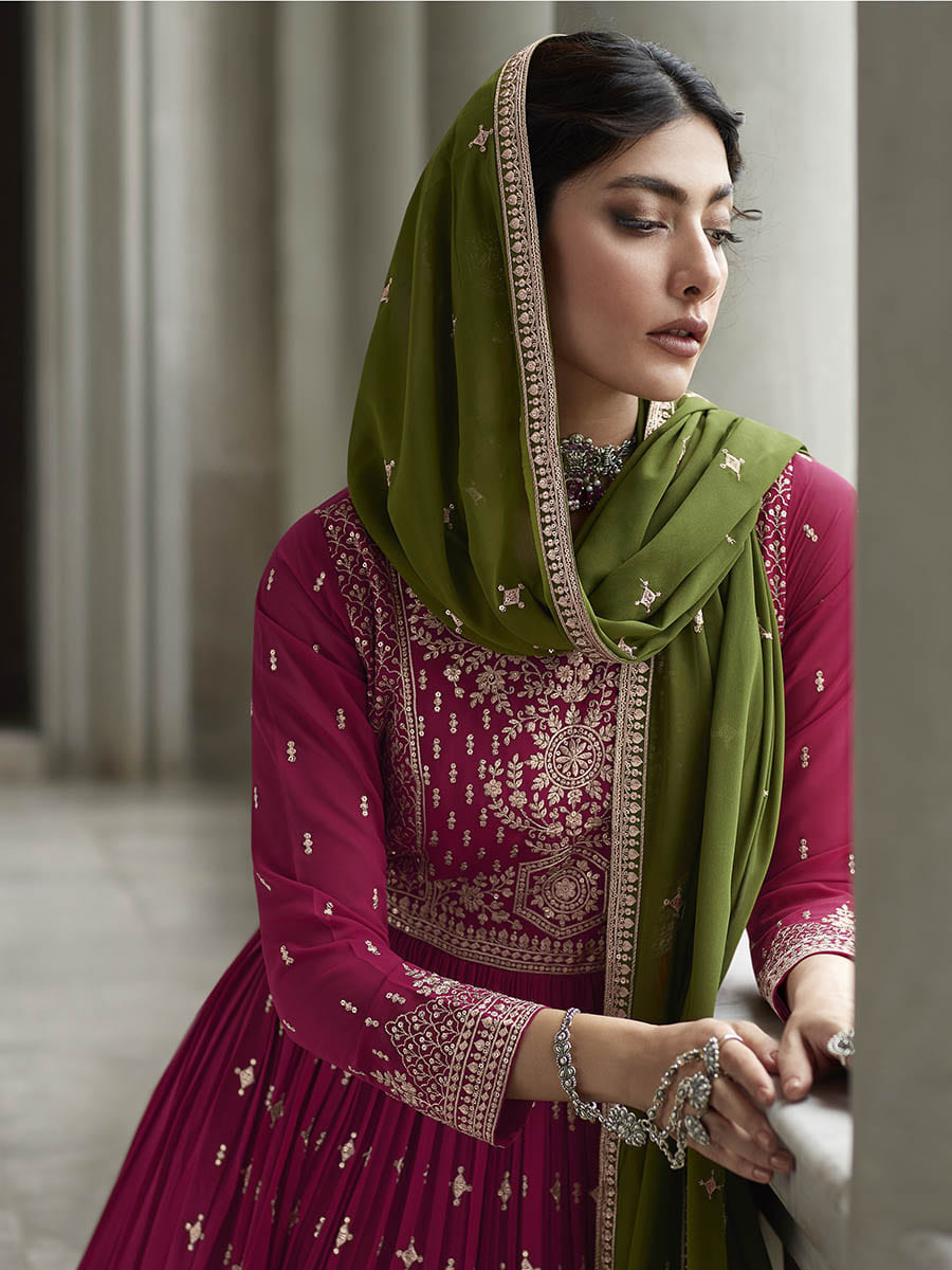 Myra Mehendi and Rani Georgette Skirt Style Embroidered Suit | Swadesiicart