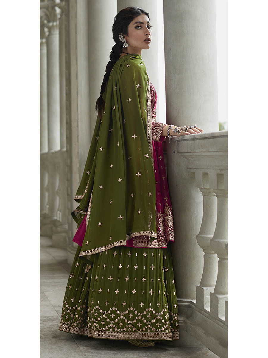 Myra Mehendi and Rani Georgette Skirt Style Embroidered Suit | Swadesiicart
