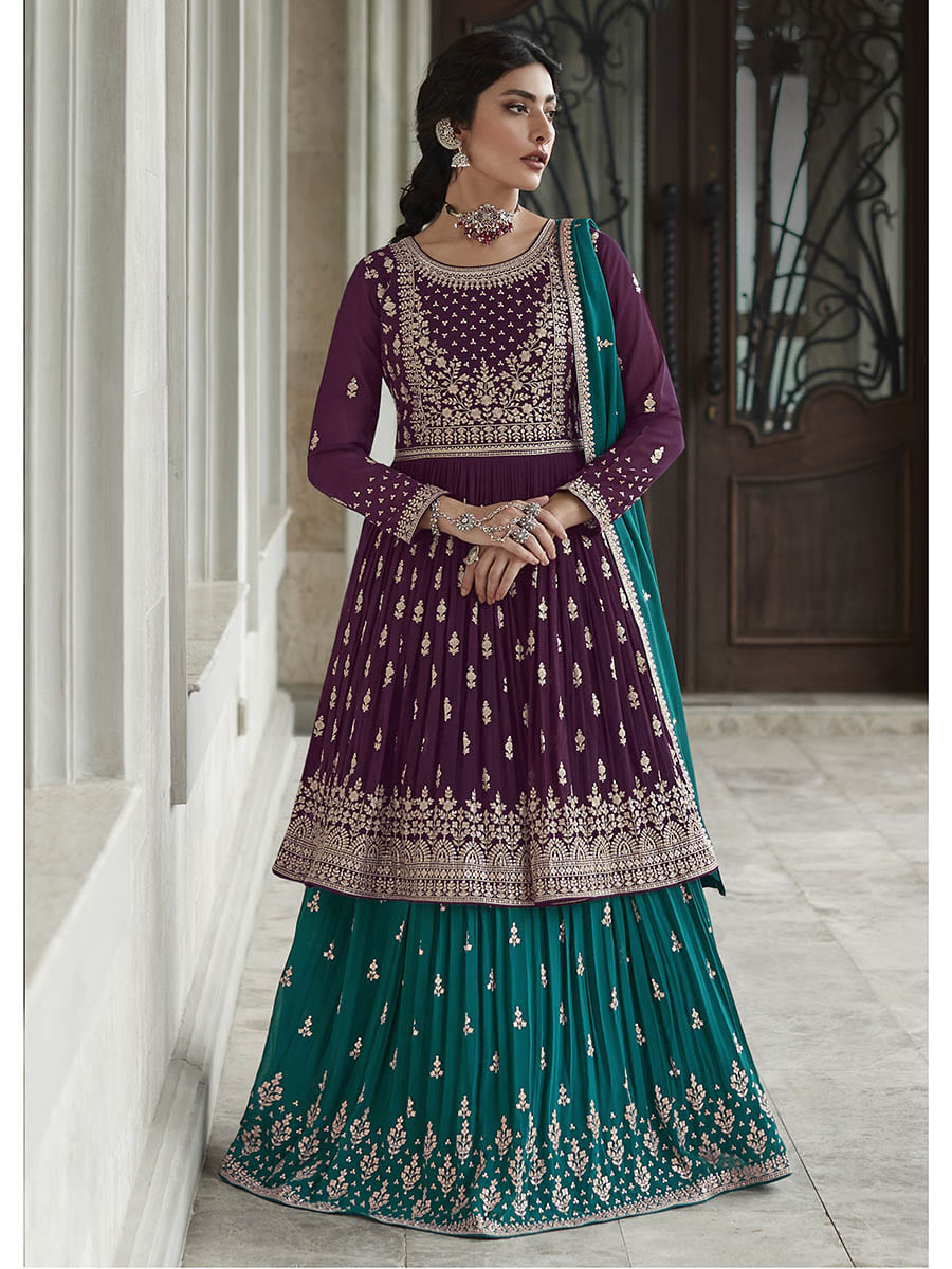 Myra Violet and Firozi Georgette Skirt Style Embroidered Suit | Swadesiicart