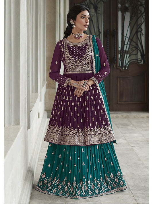 Myra Violet and Firozi Georgette Skirt Style Embroidered Suit | Swadesiicart