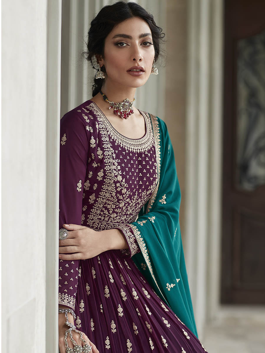 Myra Violet and Firozi Georgette Skirt Style Embroidered Suit | Swadesiicart