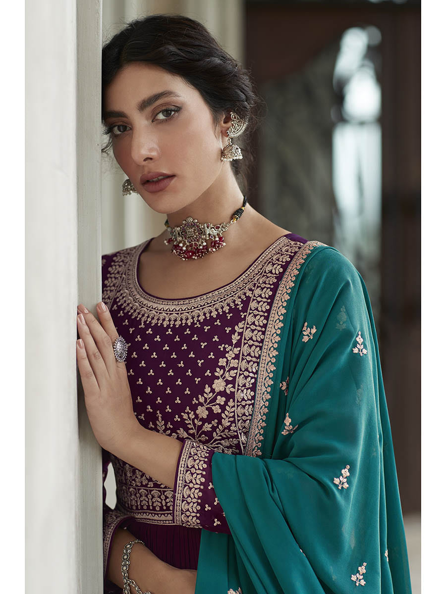 Myra Violet and Firozi Georgette Skirt Style Embroidered Suit | Swadesiicart