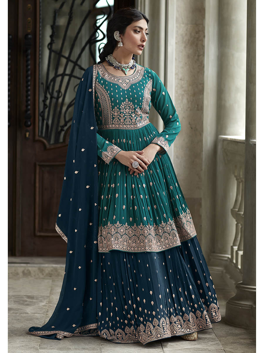 Myra Navy and Firozi Georgette Skirt Style Embroidered Suit | Swadesiicart