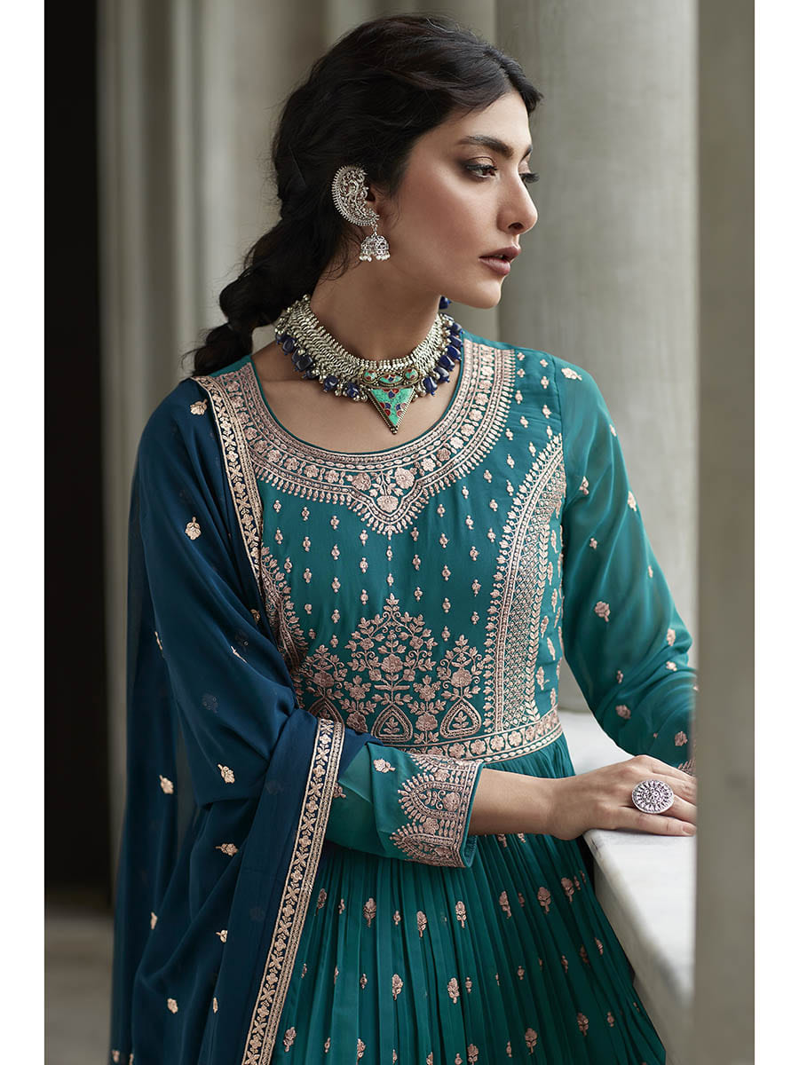 Myra Navy and Firozi Georgette Skirt Style Embroidered Suit | Swadesiicart