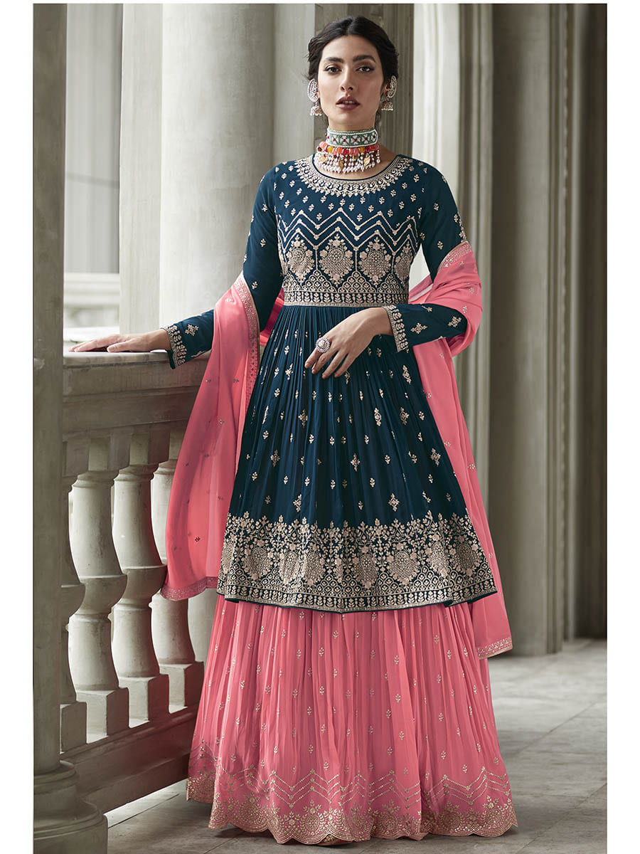 Myra Navy and Pink Georgette Skirt Style Embroidered Suit | Swadesiicart