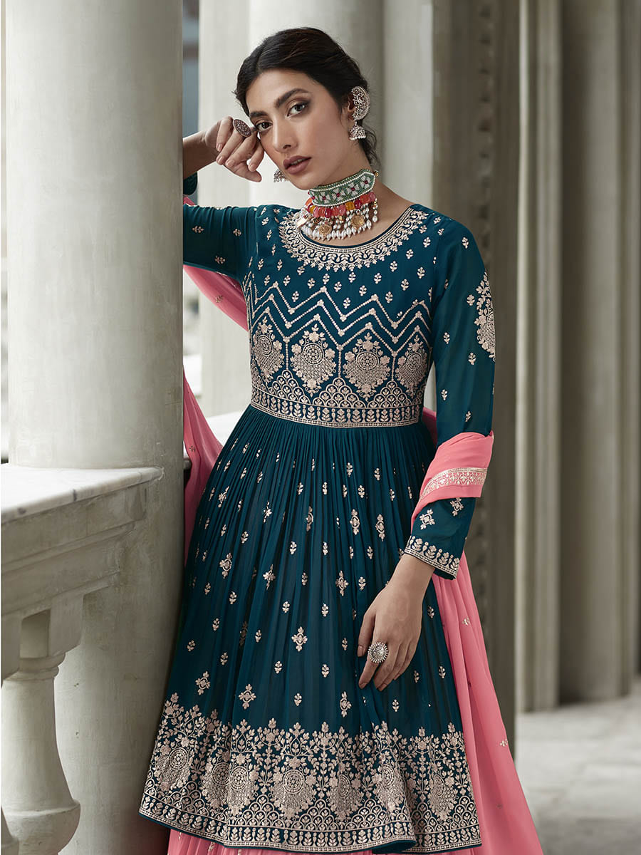 Myra Navy and Pink Georgette Skirt Style Embroidered Suit | Swadesiicart