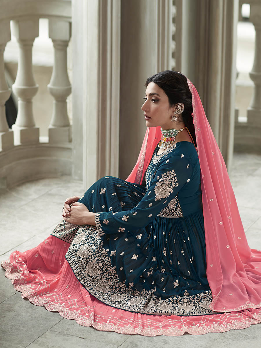 Myra Navy and Pink Georgette Skirt Style Embroidered Suit | Swadesiicart