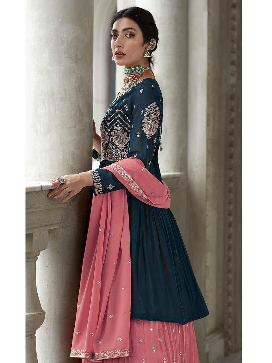 Myra Navy and Pink Georgette Skirt Style Embroidered Suit | Swadesiicart