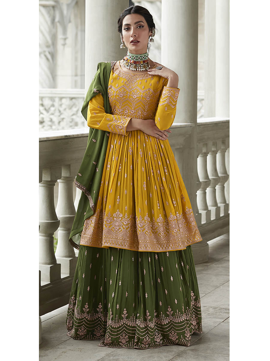 Myra Mehendi and Mustard Yellow Georgette Skirt Style Embroidered Suit | Swadesiicart
