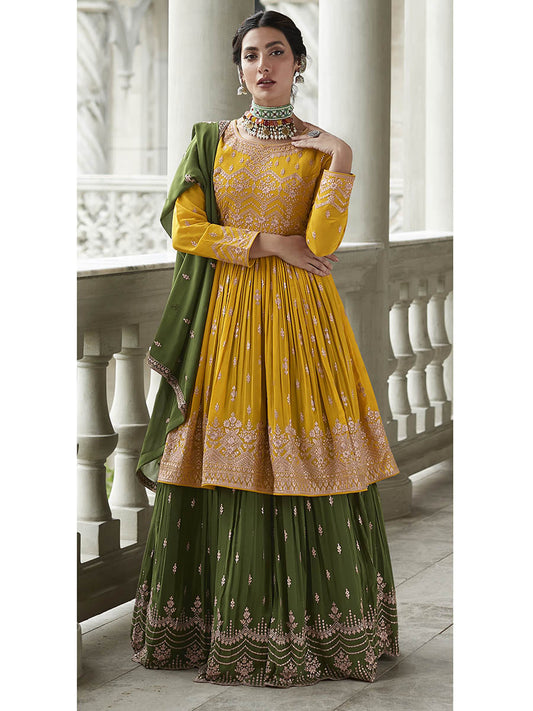 Myra Mehendi and Mustard Yellow Georgette Skirt Style Embroidered Suit | Swadesiicart