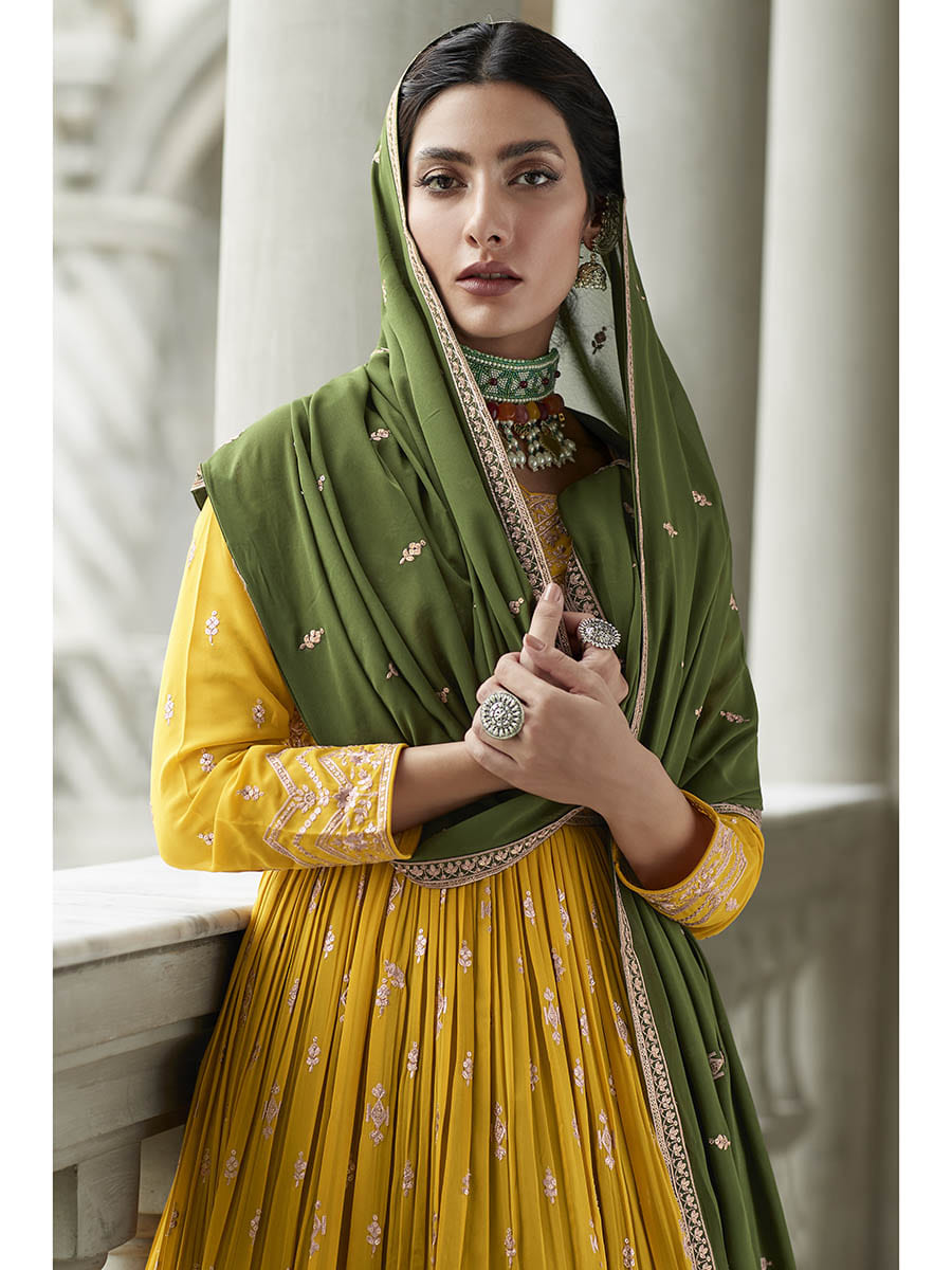 Myra Mehendi and Mustard Yellow Georgette Skirt Style Embroidered Suit | Swadesiicart