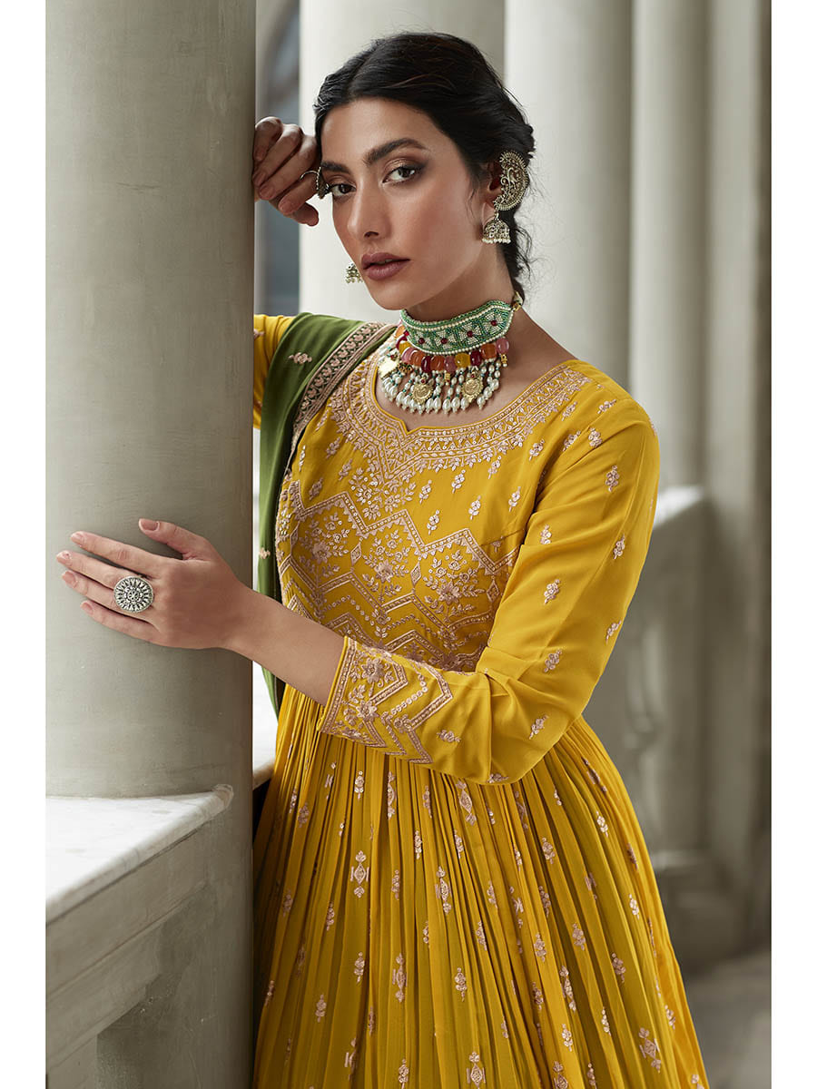 Myra Mehendi and Mustard Yellow Georgette Skirt Style Embroidered Suit | Swadesiicart