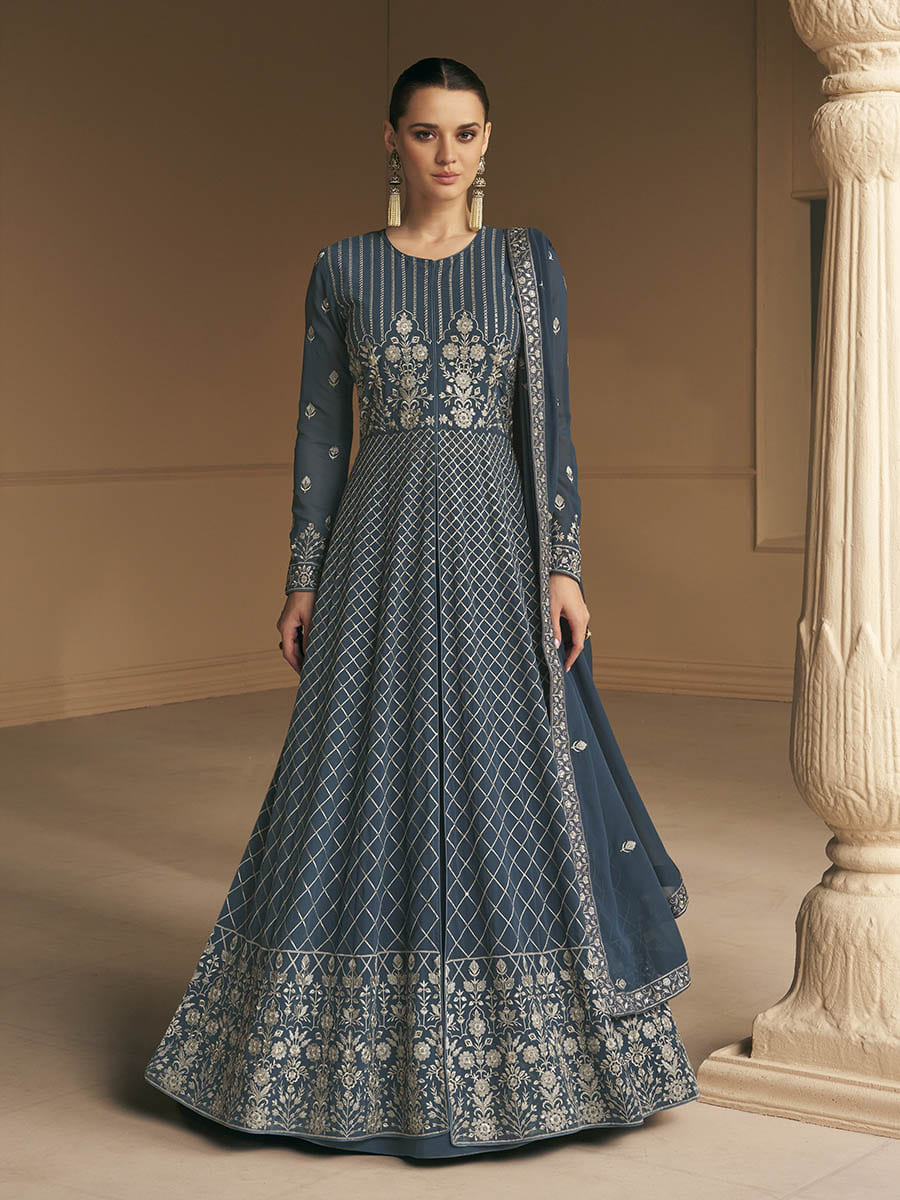 Myra Grey Georgette Embroidered Designer Suit | Swadesiicart