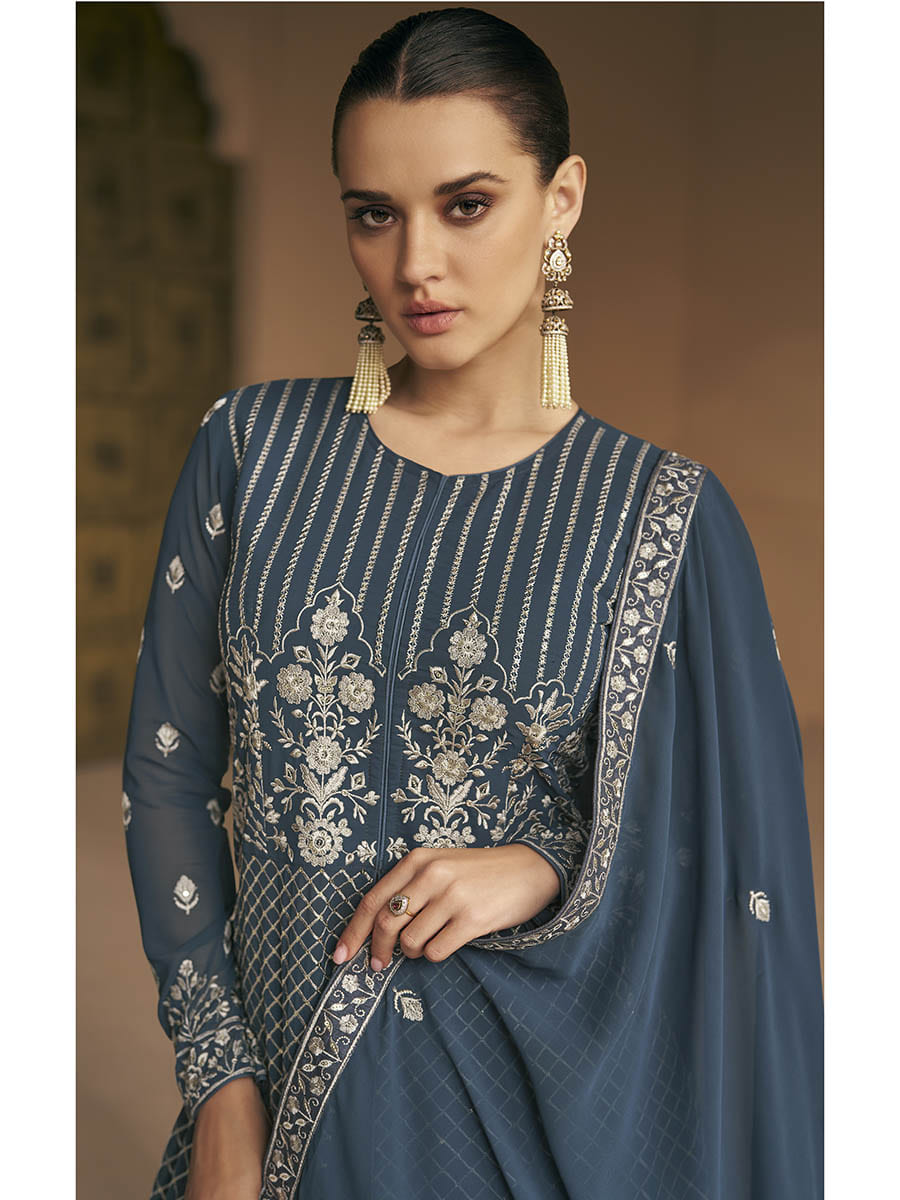 Myra Grey Georgette Embroidered Designer Suit | Swadesiicart