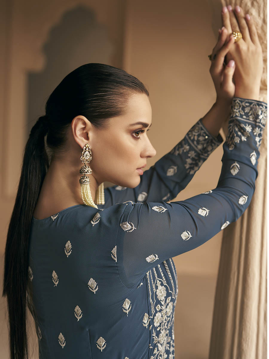 Myra Grey Georgette Embroidered Designer Suit | Swadesiicart
