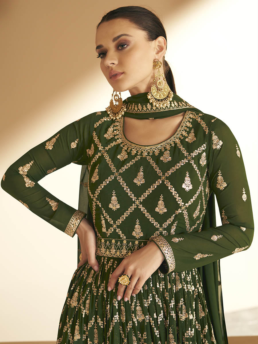 Myra Mehendi Georgette Embroidered Designer Suit | Swadesiicart