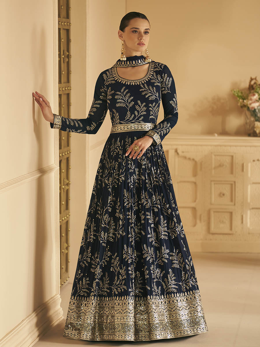 Myra Navy Blue Georgette Embroidered Designer Suit | Swadesiicart