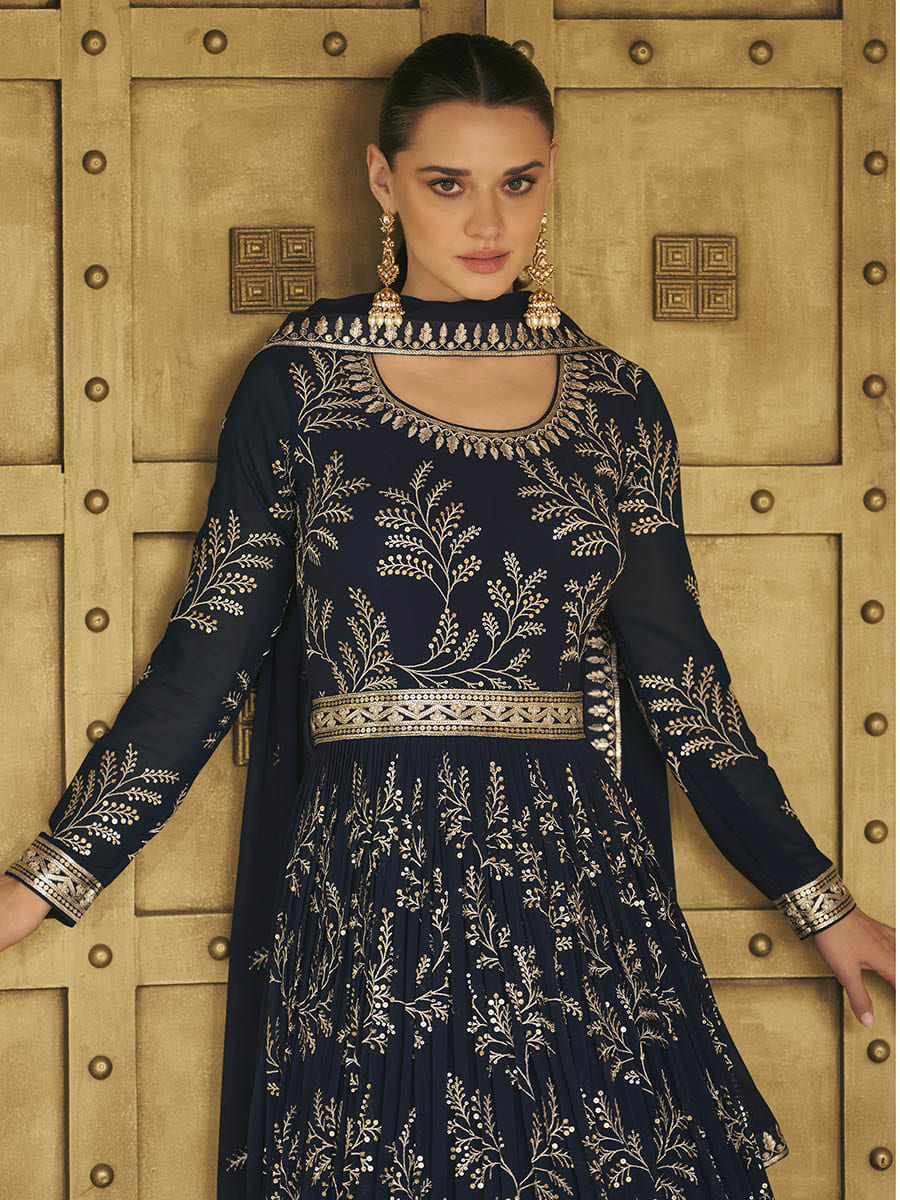 Myra Navy Blue Georgette Embroidered Designer Suit | Swadesiicart