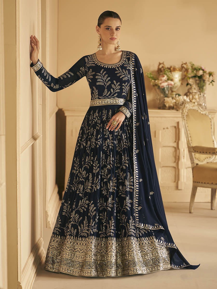 Myra Navy Blue Georgette Embroidered Designer Suit | Swadesiicart