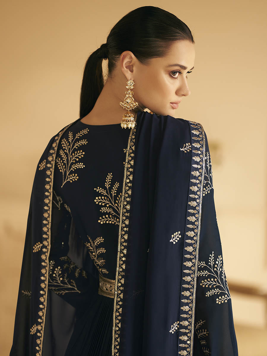 Myra Navy Blue Georgette Embroidered Designer Suit | Swadesiicart
