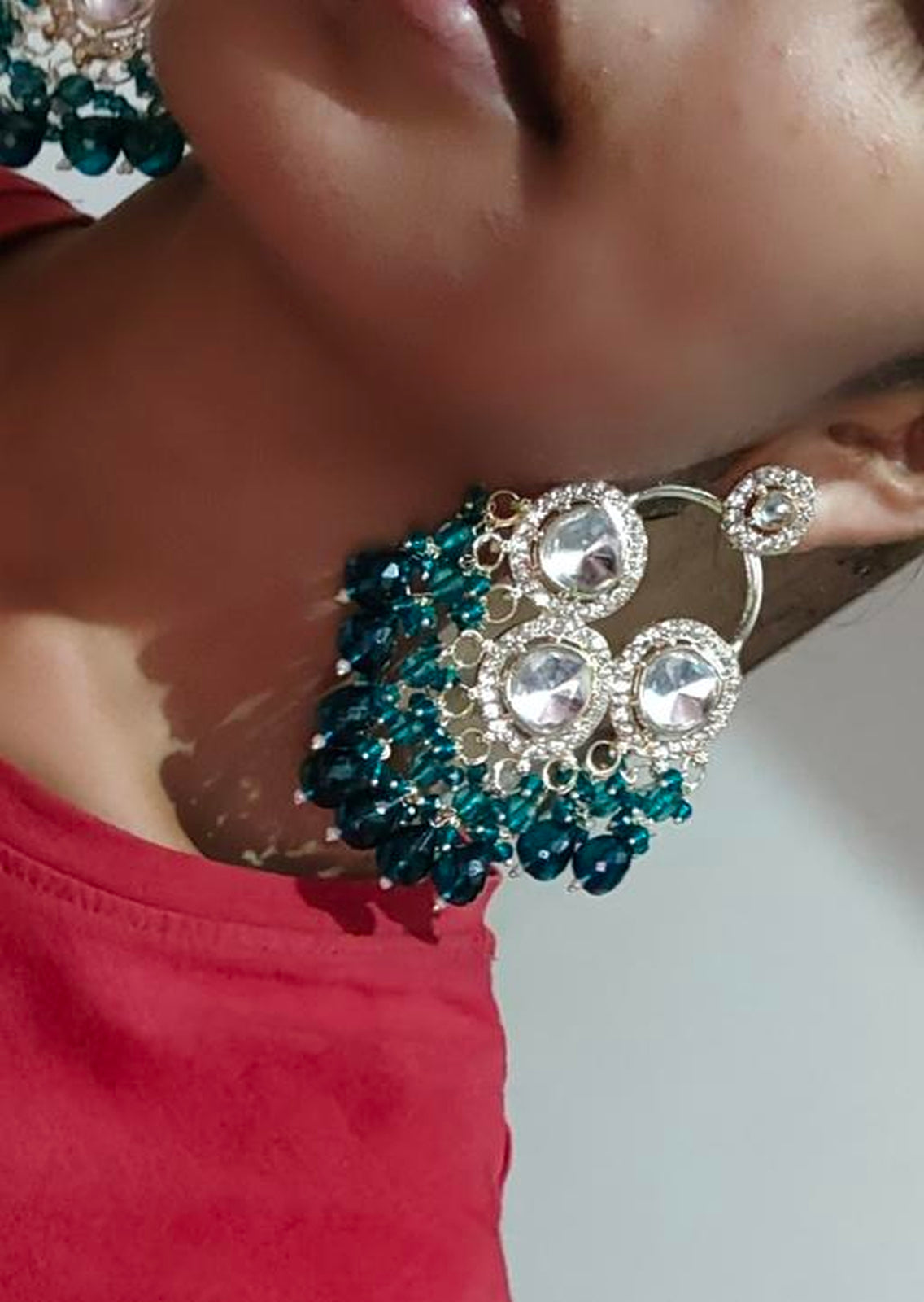 Jewel City Luxurious Polki Diamond and Rama Green Chandelier Earrings | Swadesiicart