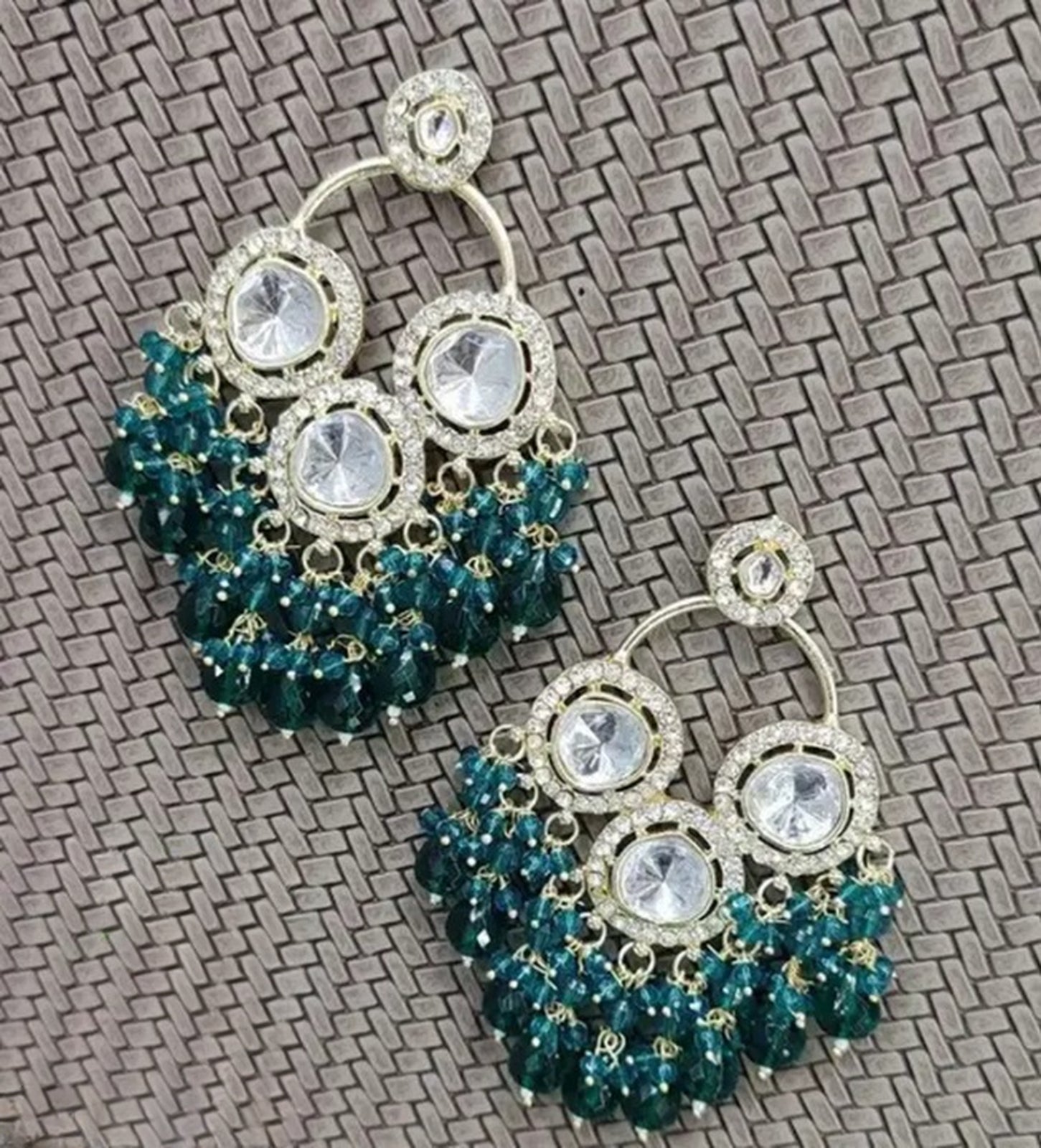 Jewel City Luxurious Polki Diamond and Rama Green Chandelier Earrings | Swadesiicart