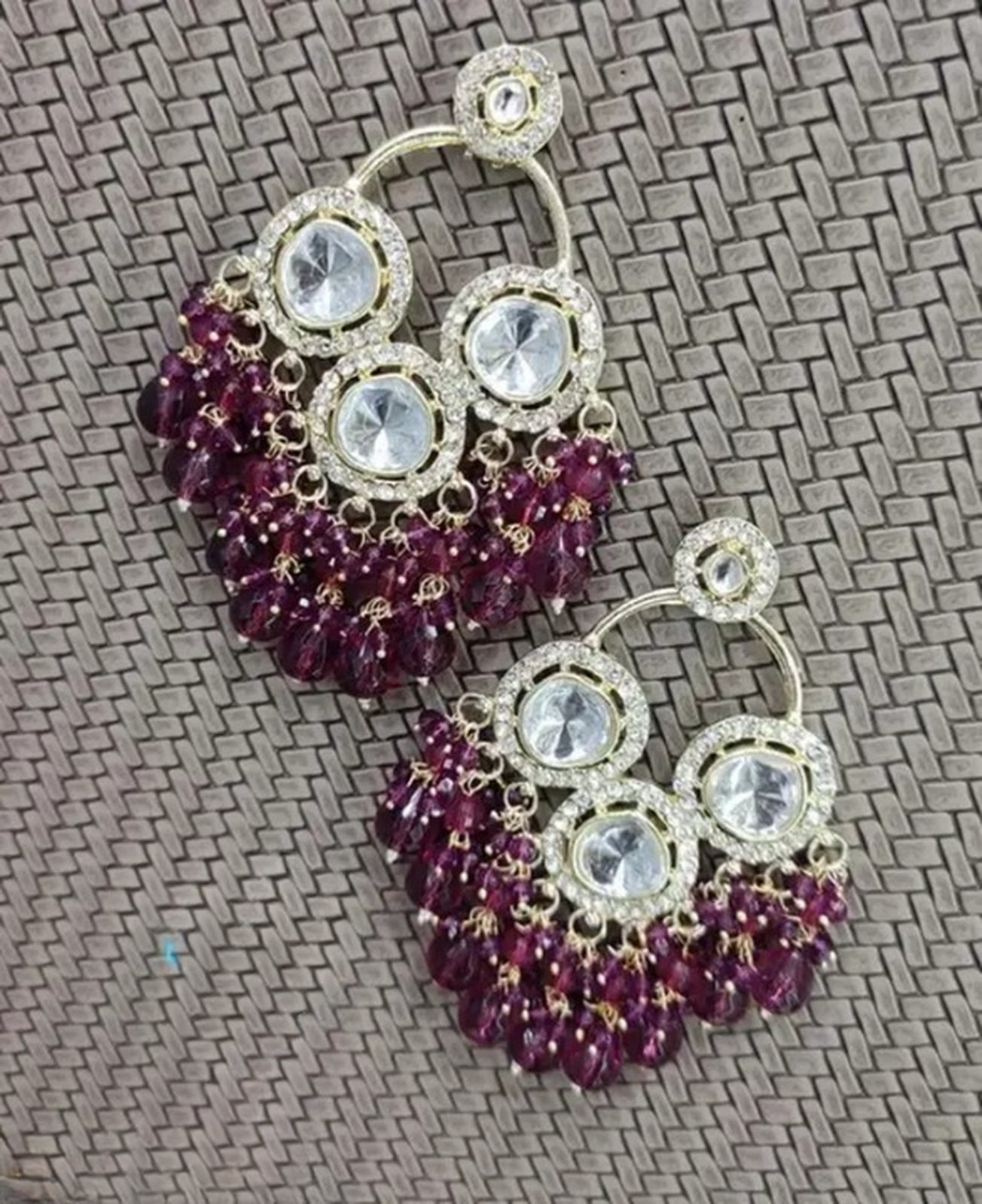 Jewel City Luxurious Polki Diamond and Wine Chandelier Earrings | Swadesiicart