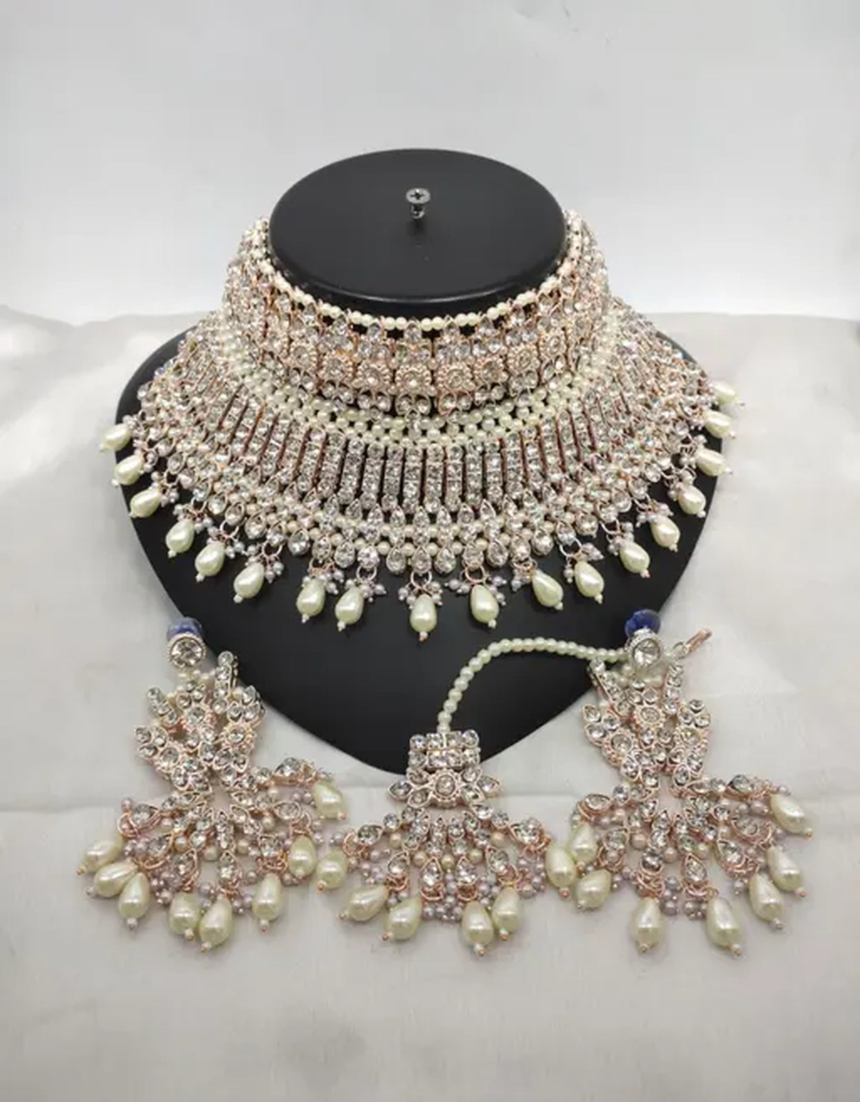 Jewel City Exquisite Crystal and Pearl Bridal Choker Set with Matching Earrings and Tikka | Swadesiicart