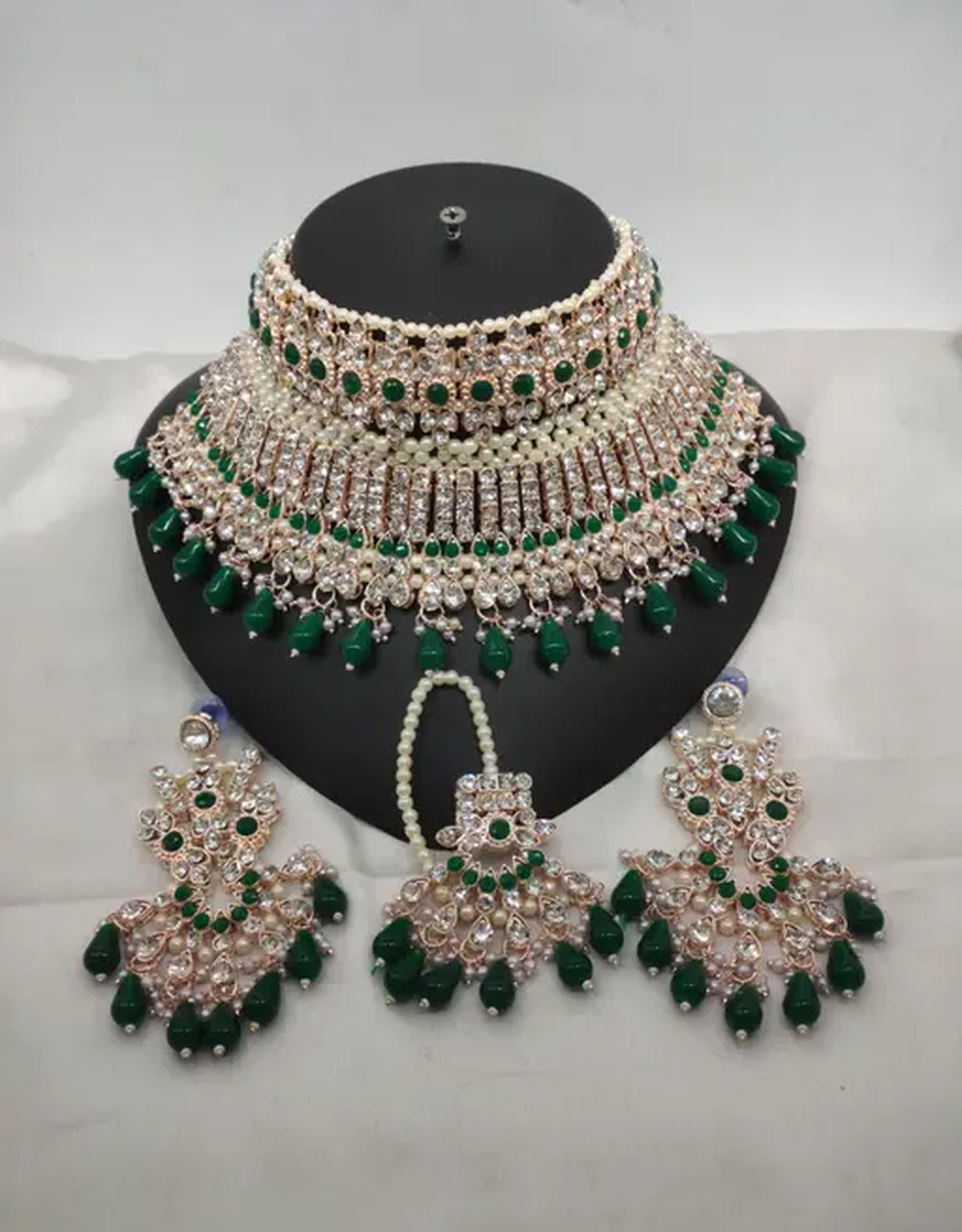 Jewel City Exquisite Crystal and Pearl Bridal Choker Set with Matching Earrings and Tikka | Swadesiicart