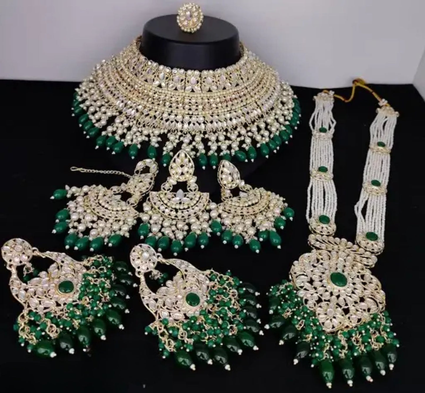 Jewel City Luxurious Pearl Kundan Bridal Jewelry Set - Necklace, Earrings, Tikka, and Long Necklace | Swadesiicart