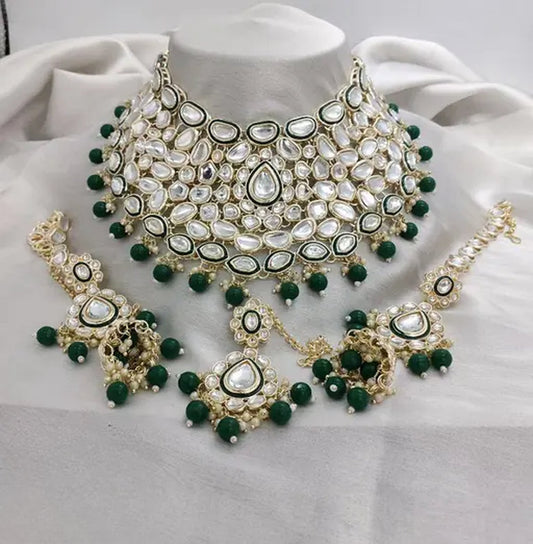 Jewel City Royal Kundan Choker Set with Emerald Green Beads - Traditional Indian Wedding Jewelry Set with Earrings and Tikka | Swadesiicart