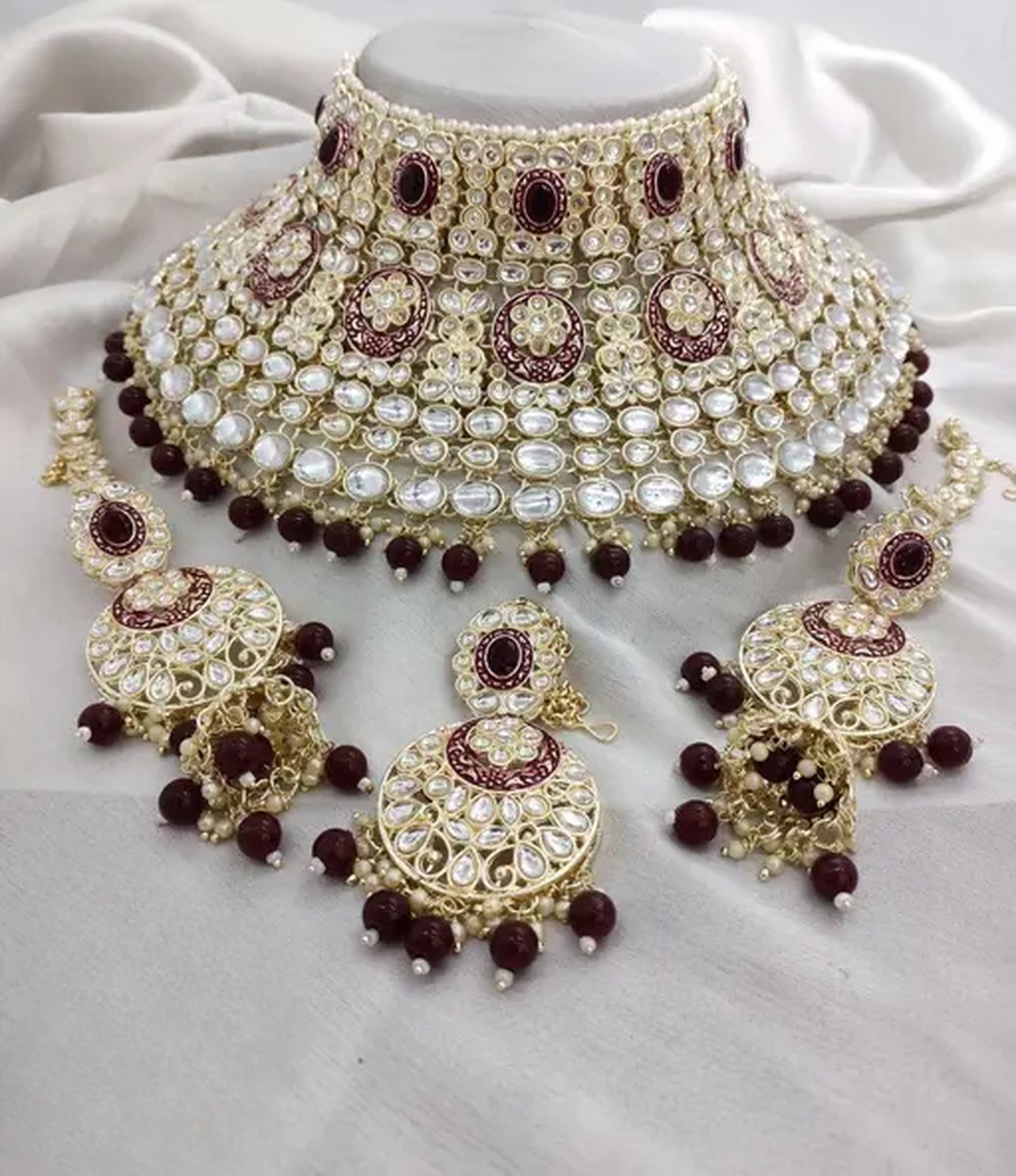 Jewel City Royal Kundan Choker Set with Maroon Beads - Traditional Indian Wedding Jewelry Set with Earrings and Tikka | Swadesiicart