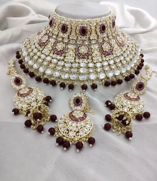 Jewel City Royal Kundan Choker Set with Maroon Beads - Traditional Indian Wedding Jewelry Set with Earrings and Tikka | Swadesiicart