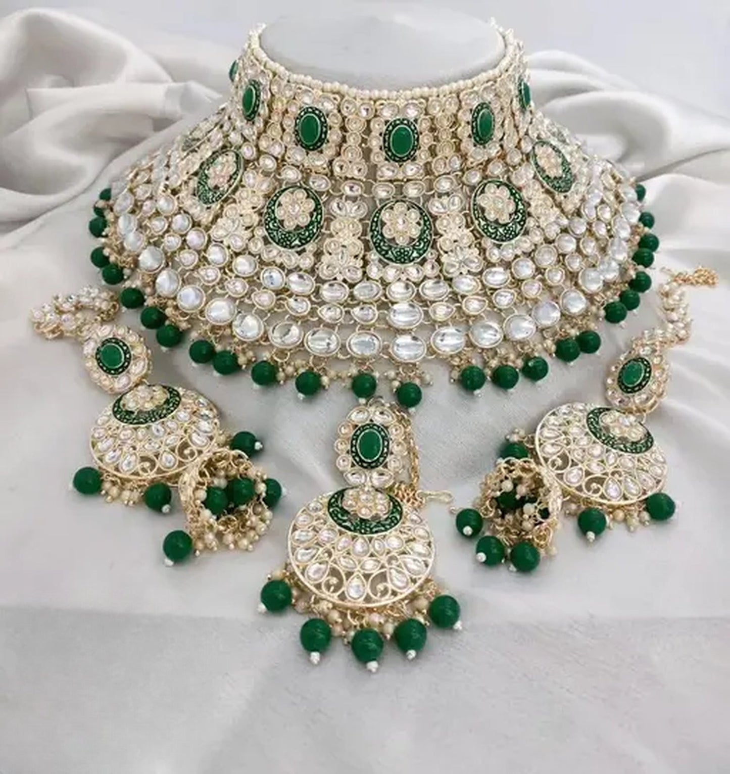 Jewel City Royal Kundan Choker Set with Green Beads - Traditional Indian Wedding Jewelry Set with Earrings and Tikka | Swadesiicart