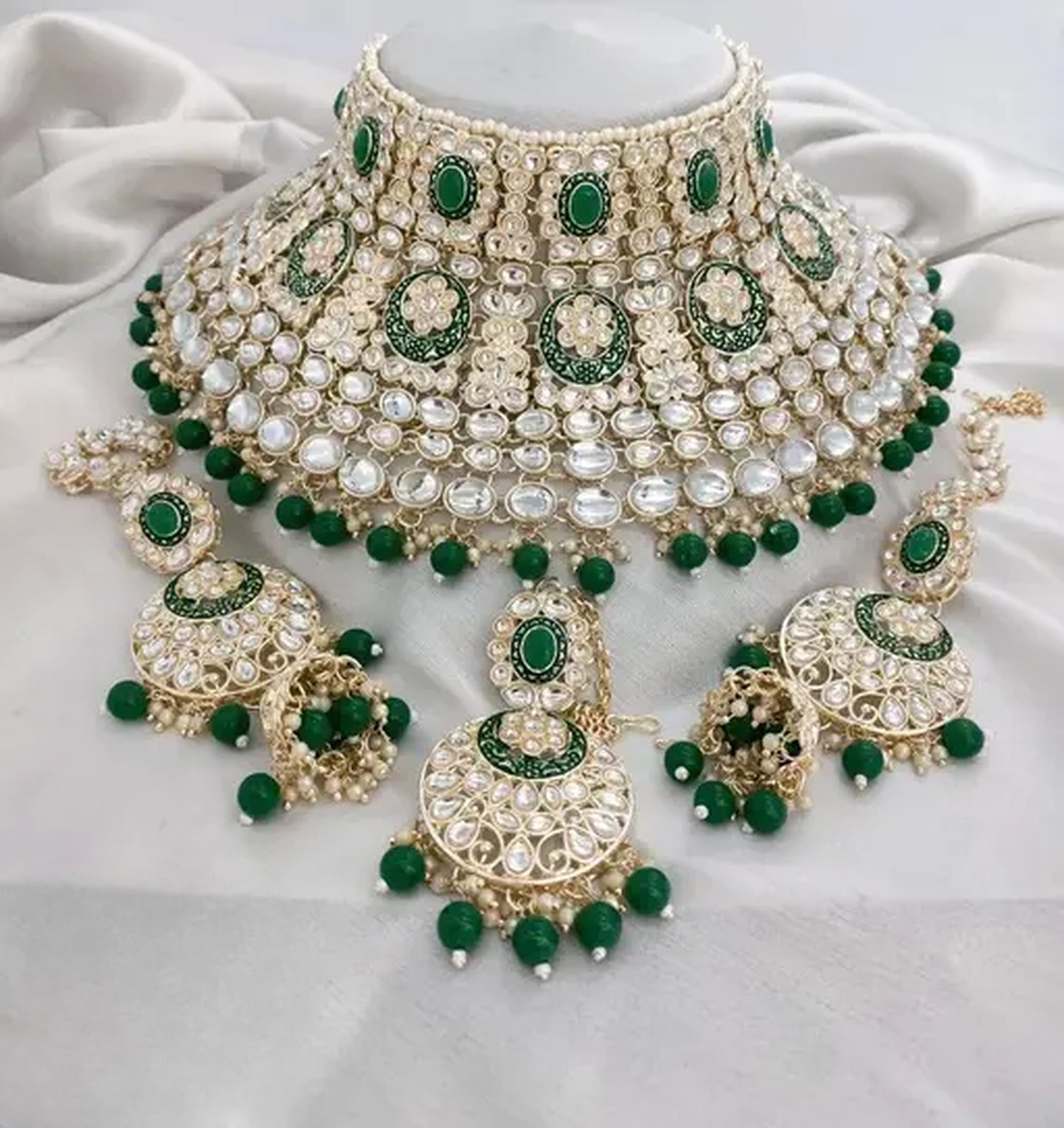 Jewel City Royal Kundan Choker Set with Green Beads - Traditional Indian Wedding Jewelry Set with Earrings and Tikka | Swadesiicart