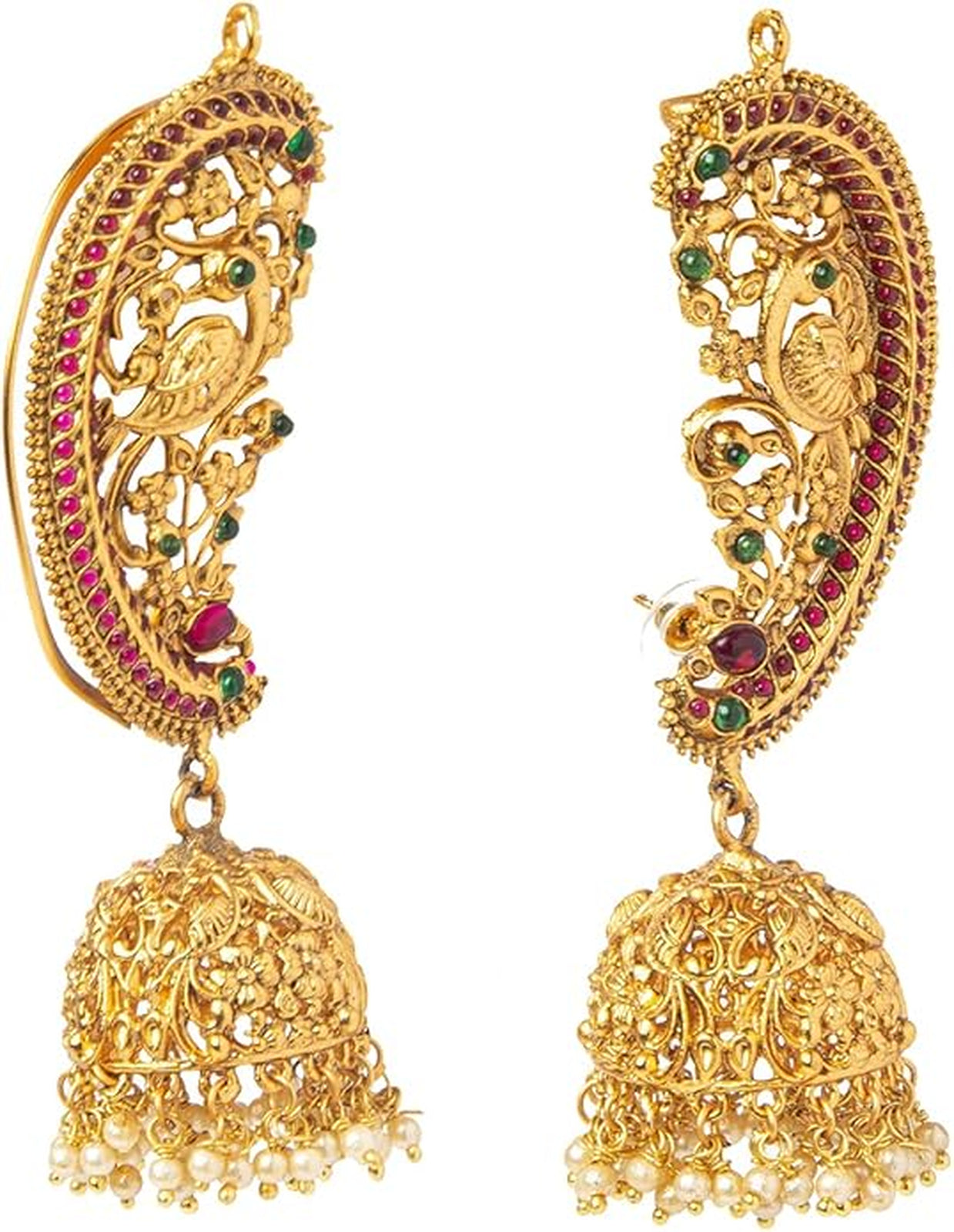 Jewel City Exquisite Gold-Plated Peacock Jhumka Earrings with Ruby and Emerald Accents | Swadesiicart