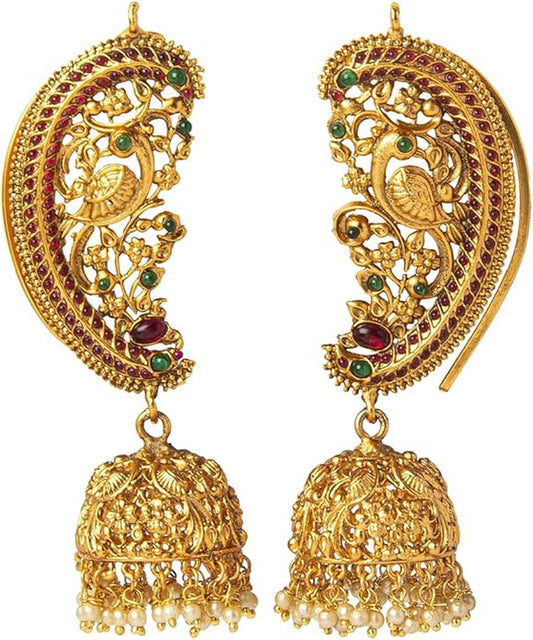 Jewel City Exquisite Gold-Plated Peacock Jhumka Earrings with Ruby and Emerald Accents | Swadesiicart