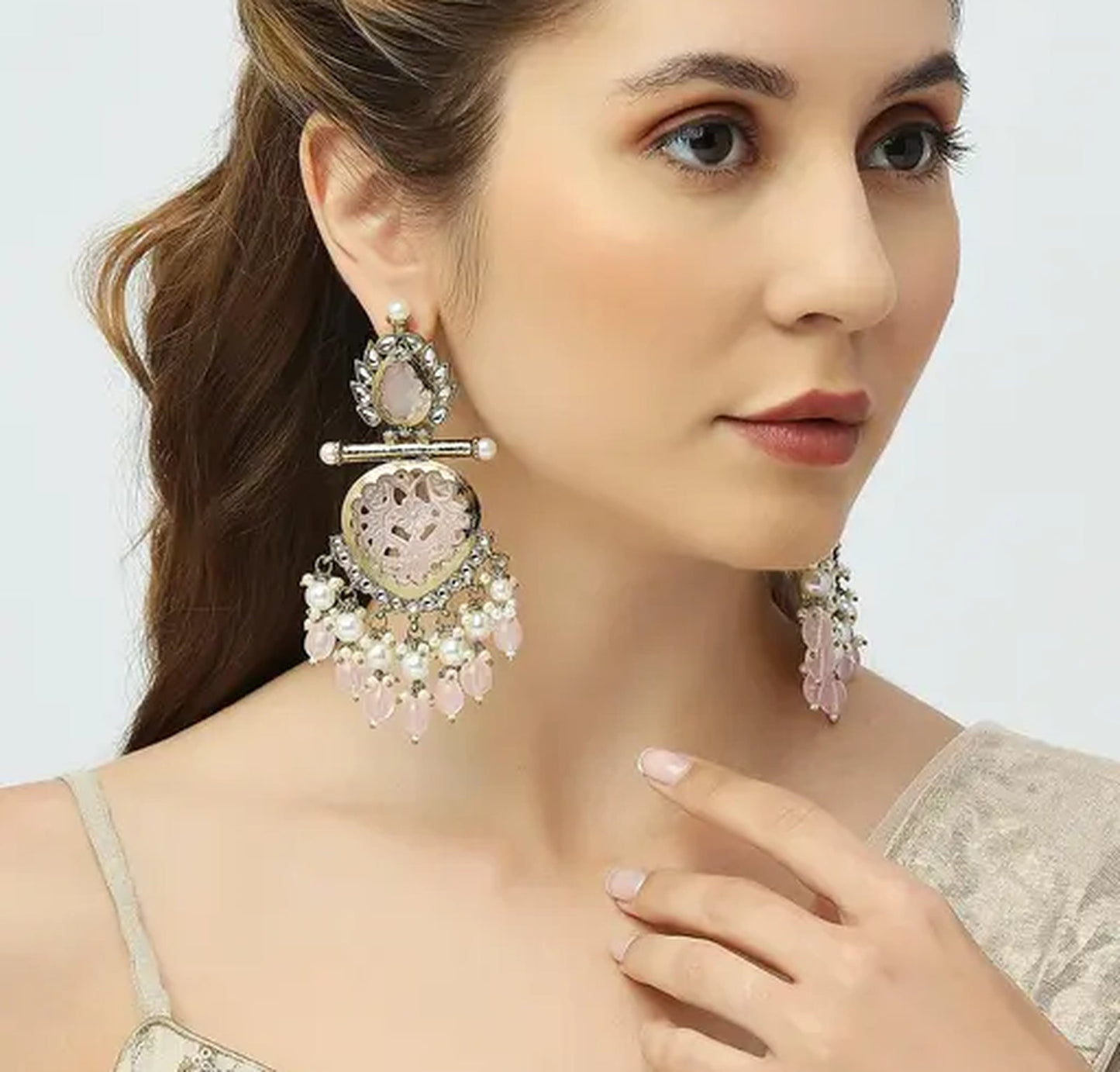 Jewel City Luxurious Rose Quartz Chandelier Earrings - Vintage-Inspired Statement Jewelry | Swadesiicart