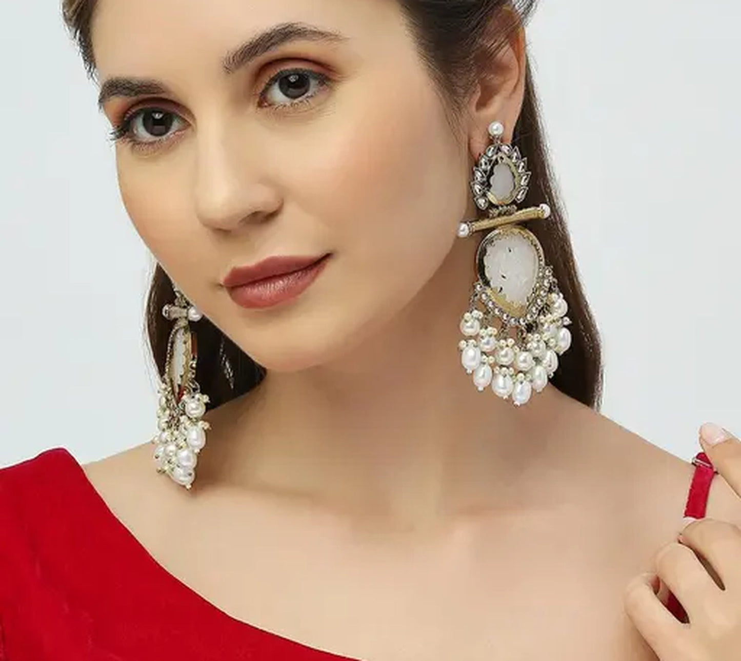 Jewel City Elegant Pearl and Crystal Chandelier Earrings - Luxurious Statement Jewelry | Swadesiicart