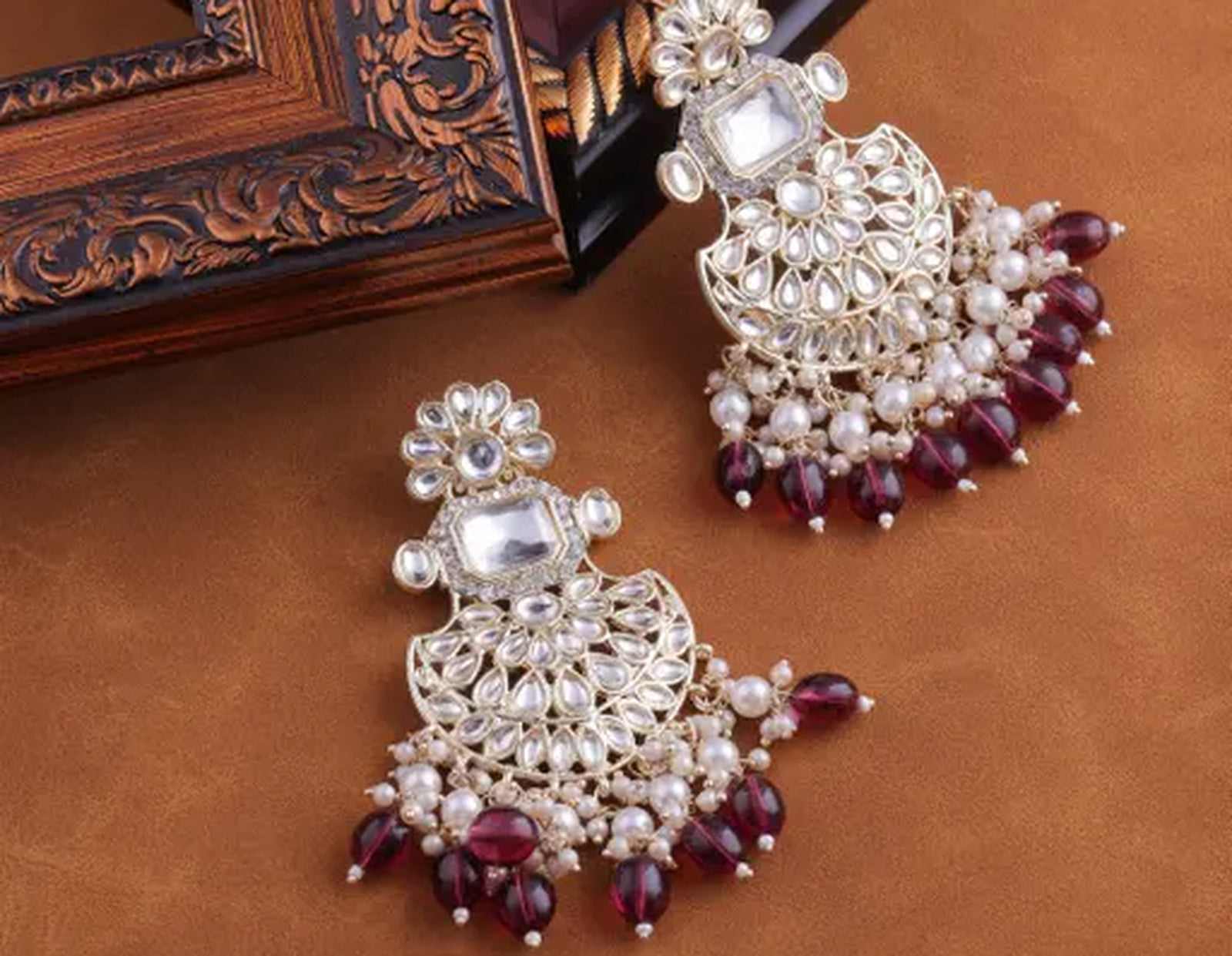 Jewel City Exquisite Kundan-Inspired Chandelier Earrings with Pearl and Ruby Accents | Swadesiicart