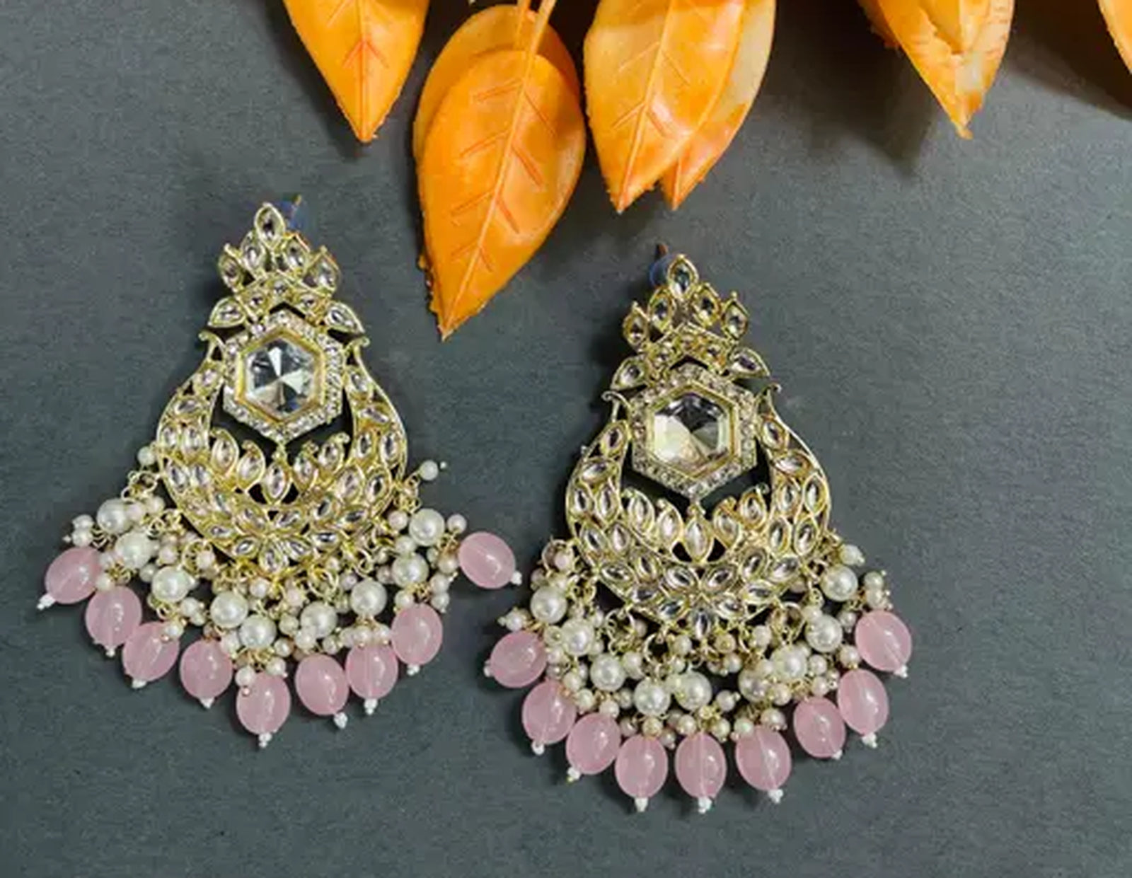 Jewel City Exquisite Kundan-Inspired Chandelier Earrings with Pearl and Pink Accents | Swadesiicart