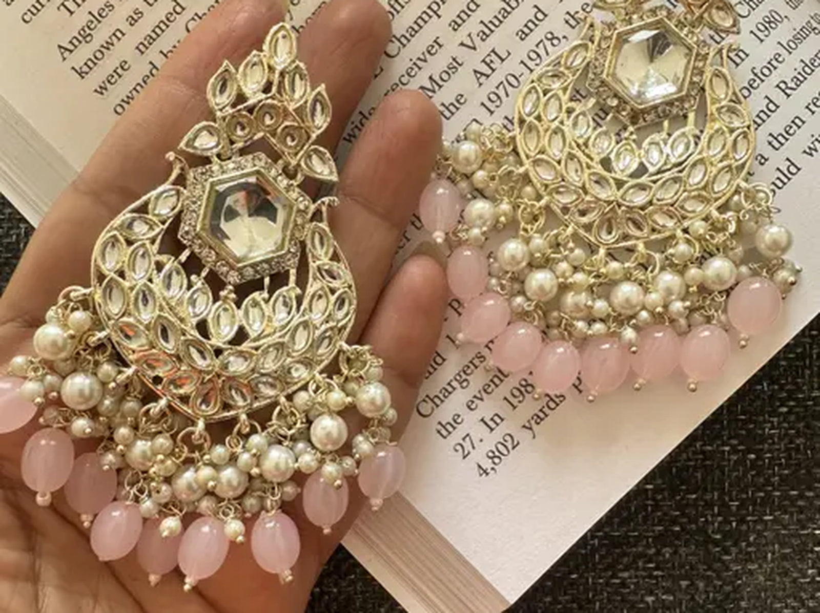 Jewel City Exquisite Kundan-Inspired Chandelier Earrings with Pearl and Pink Accents | Swadesiicart