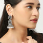 Jewel City Vintage Oxidized Silver Jhumka Earrings with Pearl and Red Bead Accents | Swadesiicart