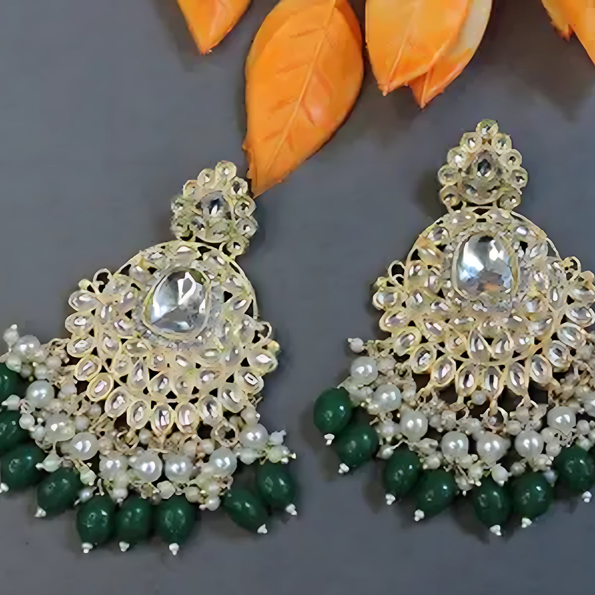Jewel City Exquisite Kundan-Inspired Chandelier Earrings with Pearl and Green Accents | Swadesiicart