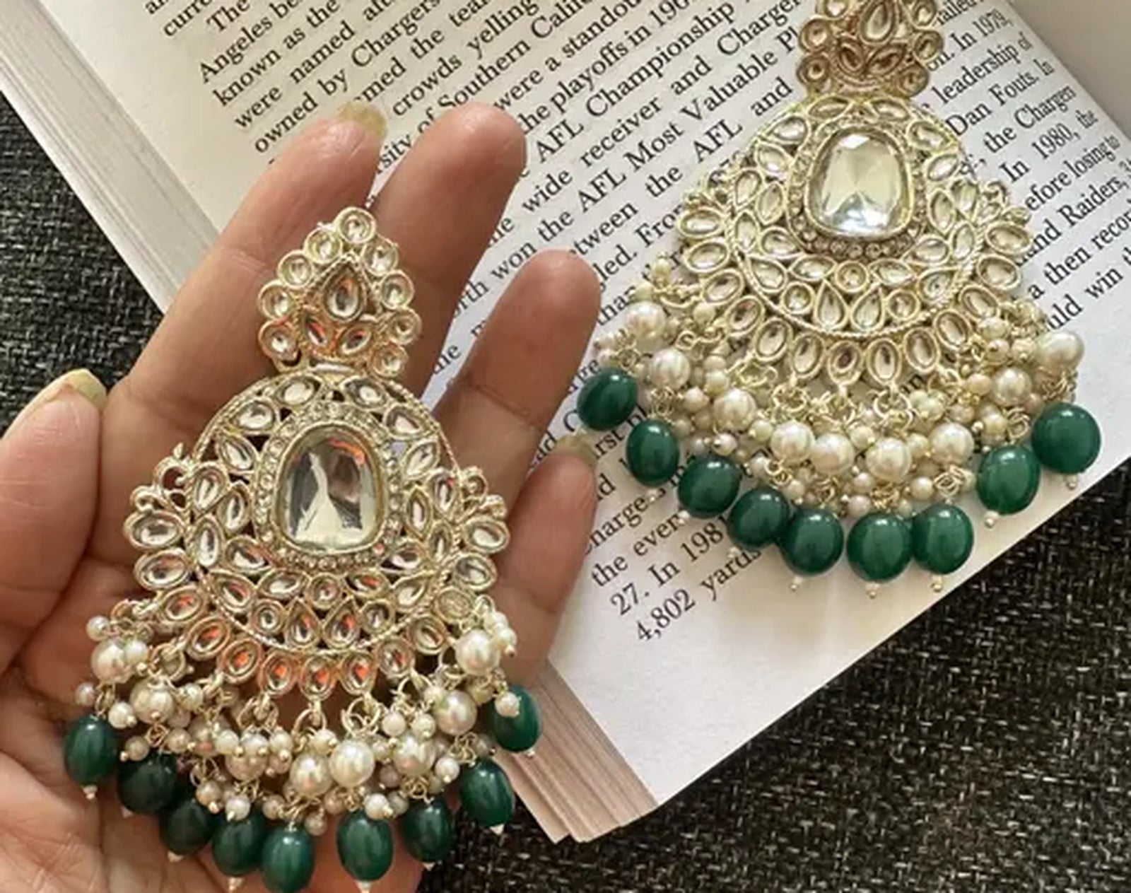 Jewel City Exquisite Kundan-Inspired Chandelier Earrings with Pearl and Green Accents | Swadesiicart