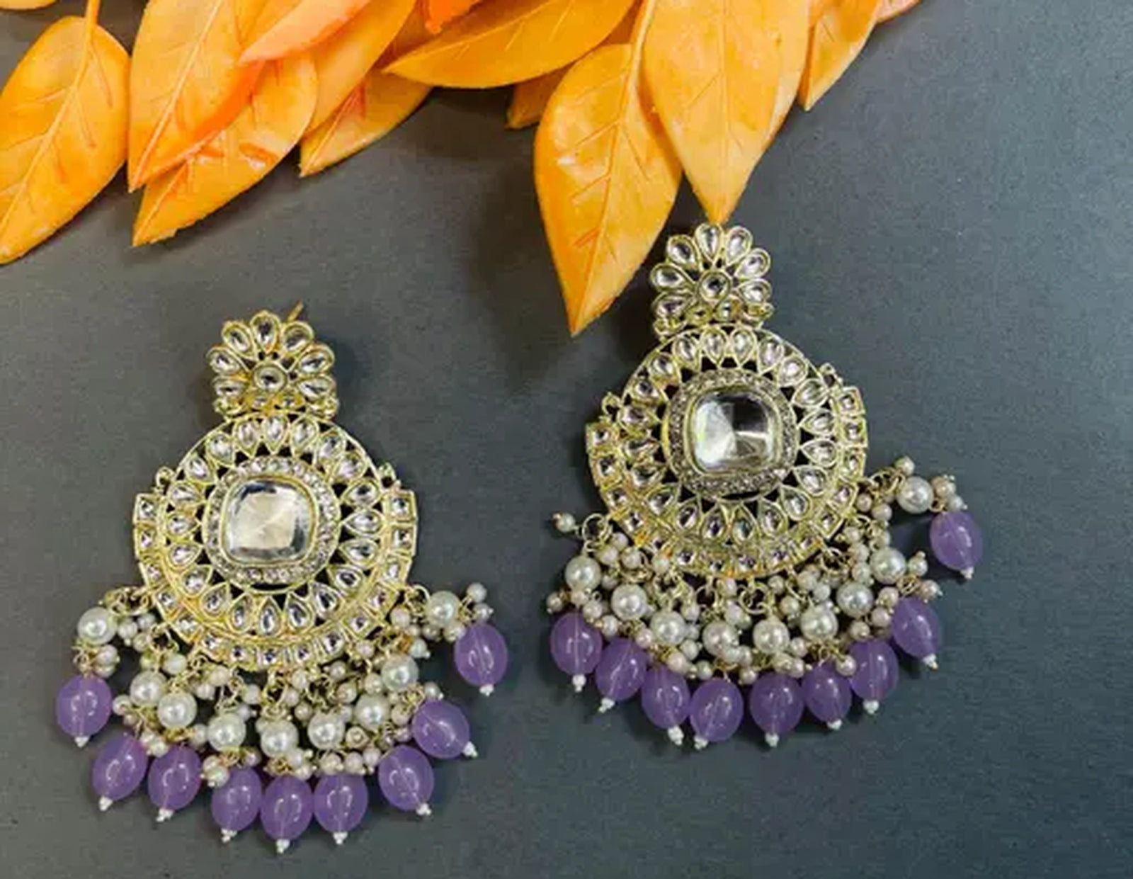 Jewel City Exquisite Kundan-Inspired Chandelier Earrings with Pearl and Purple Accents | Swadesiicart