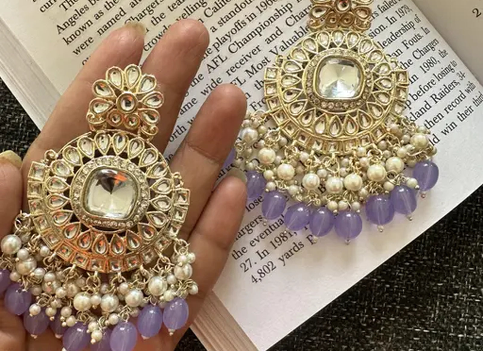 Jewel City Exquisite Kundan-Inspired Chandelier Earrings with Pearl and Purple Accents | Swadesiicart