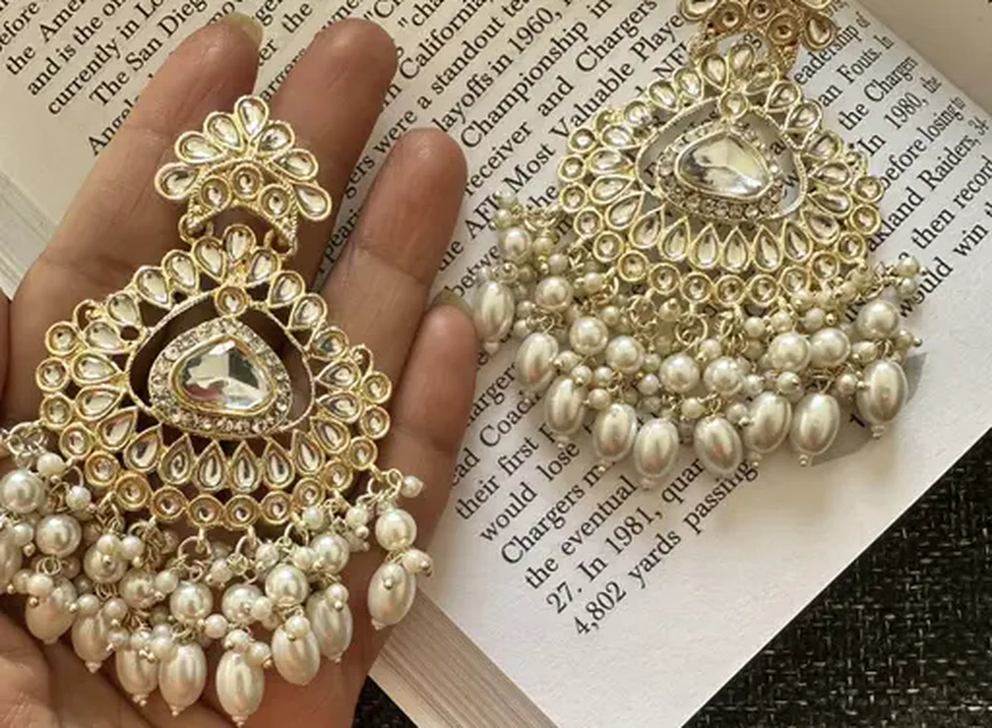 Jewel City Exquisite Kundan-Inspired Chandelier Earrings with Pearl and White Accents | Swadesiicart