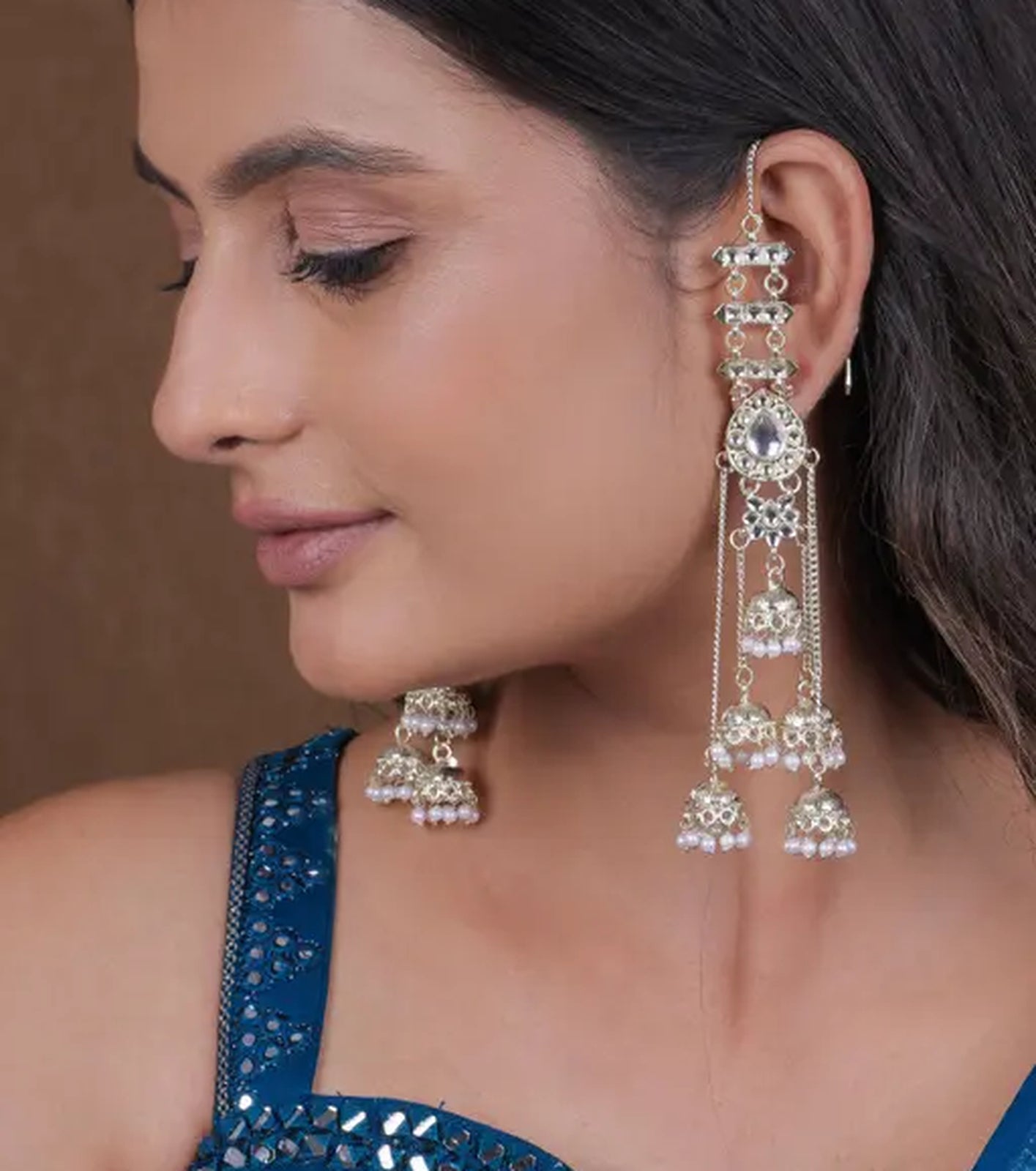 Jewel City Elegant Silver Kashmiri-Style Chandelier Earrings with Jhumka Drops | Swadesiicart